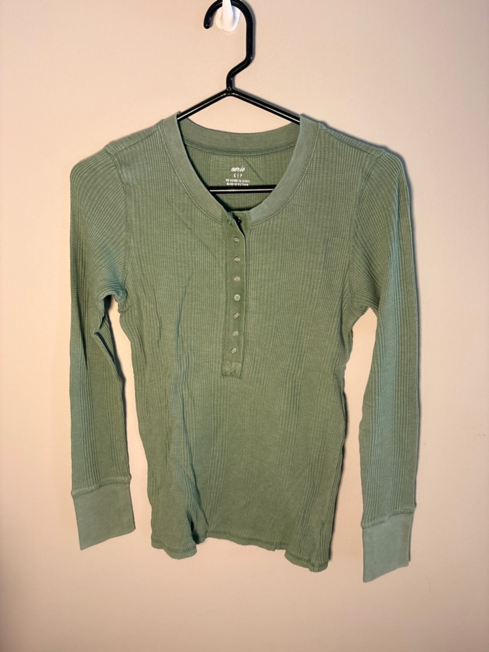 aerie Sage Green Ribbed Henley Long Sleeve Top